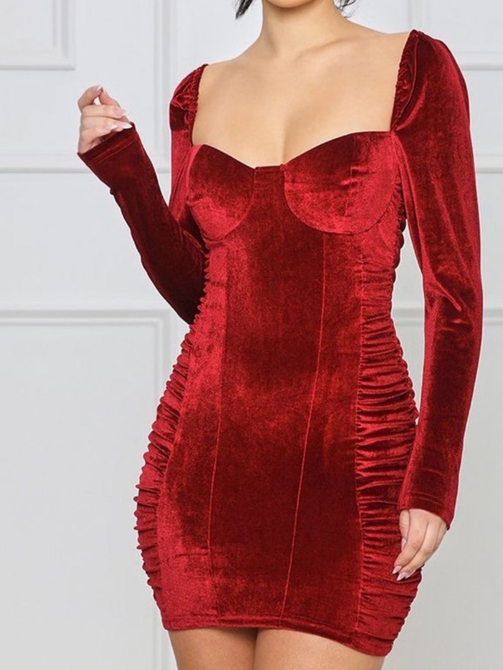 privy Red Velvet Long-Sleeve Ruched Bodycon Mini Dress